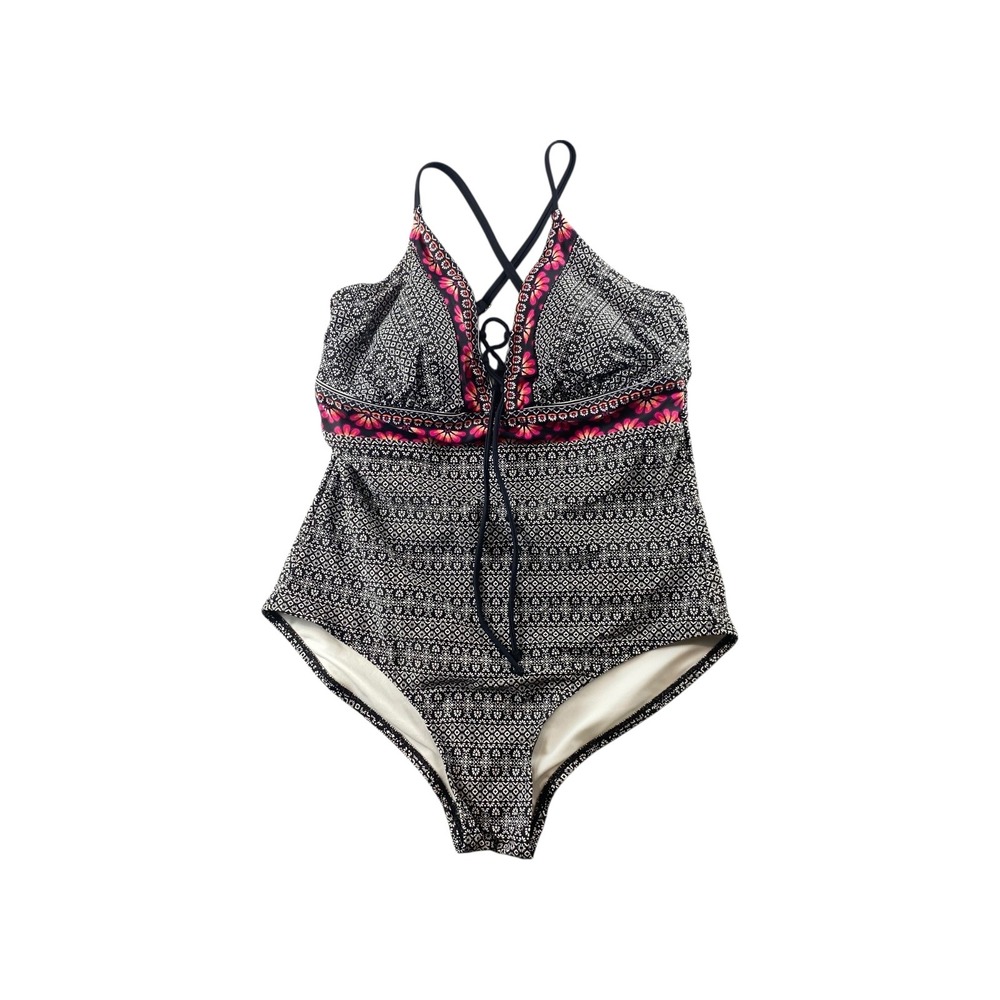 Kona Sol One Piece Swimsuit Geometric Print Lace Up Halter Neck Women's Size L